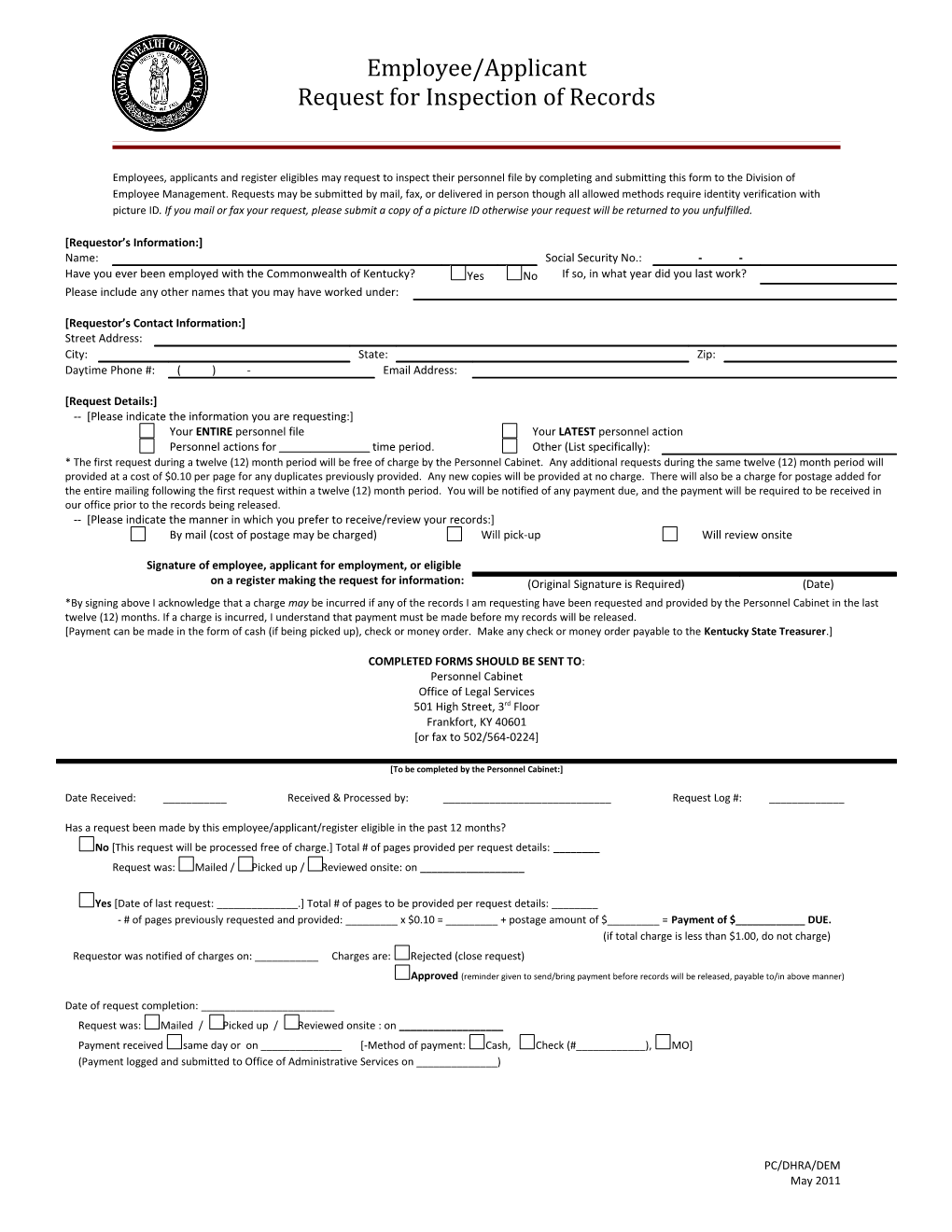 Employee/Applicant Request for Inspection of Records