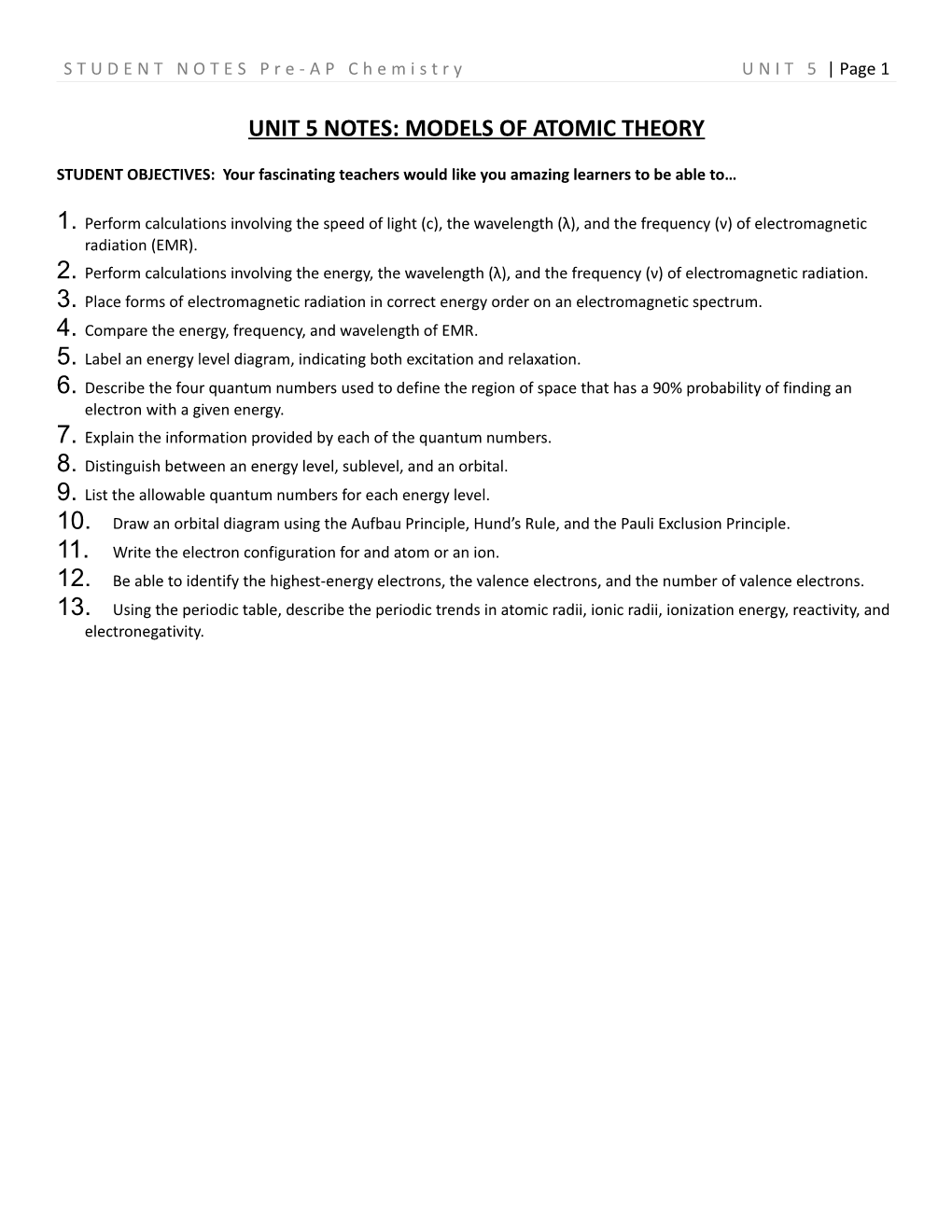 STUDENT NOTES Pre-AP Chemistry UNIT 5 Page 1