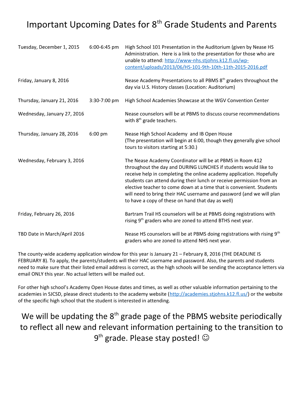 Important Upcoming Dates for 8Th Grade Students and Parents