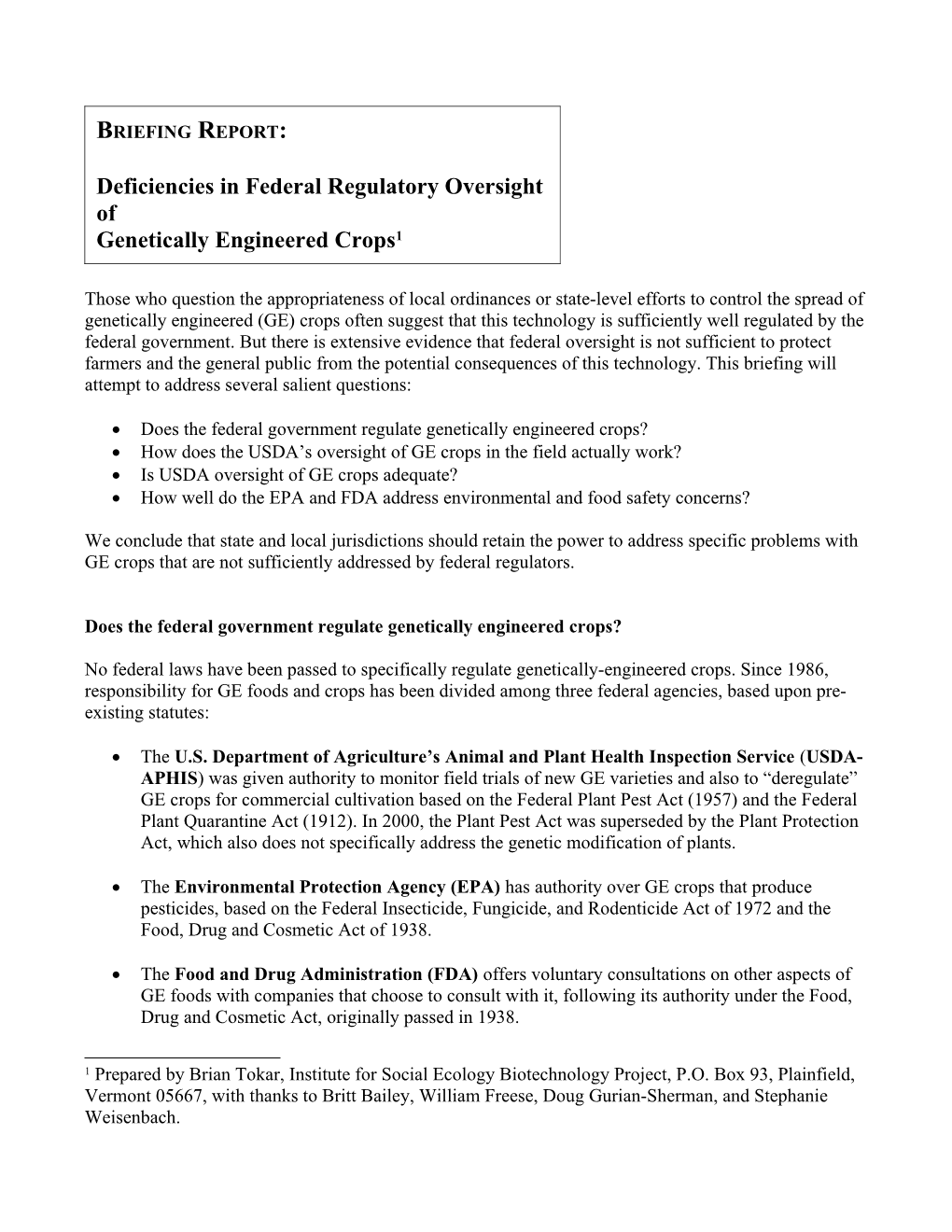 Briefing Report: Federal Regulation of Transgenic (Genetically Engineered) Crops