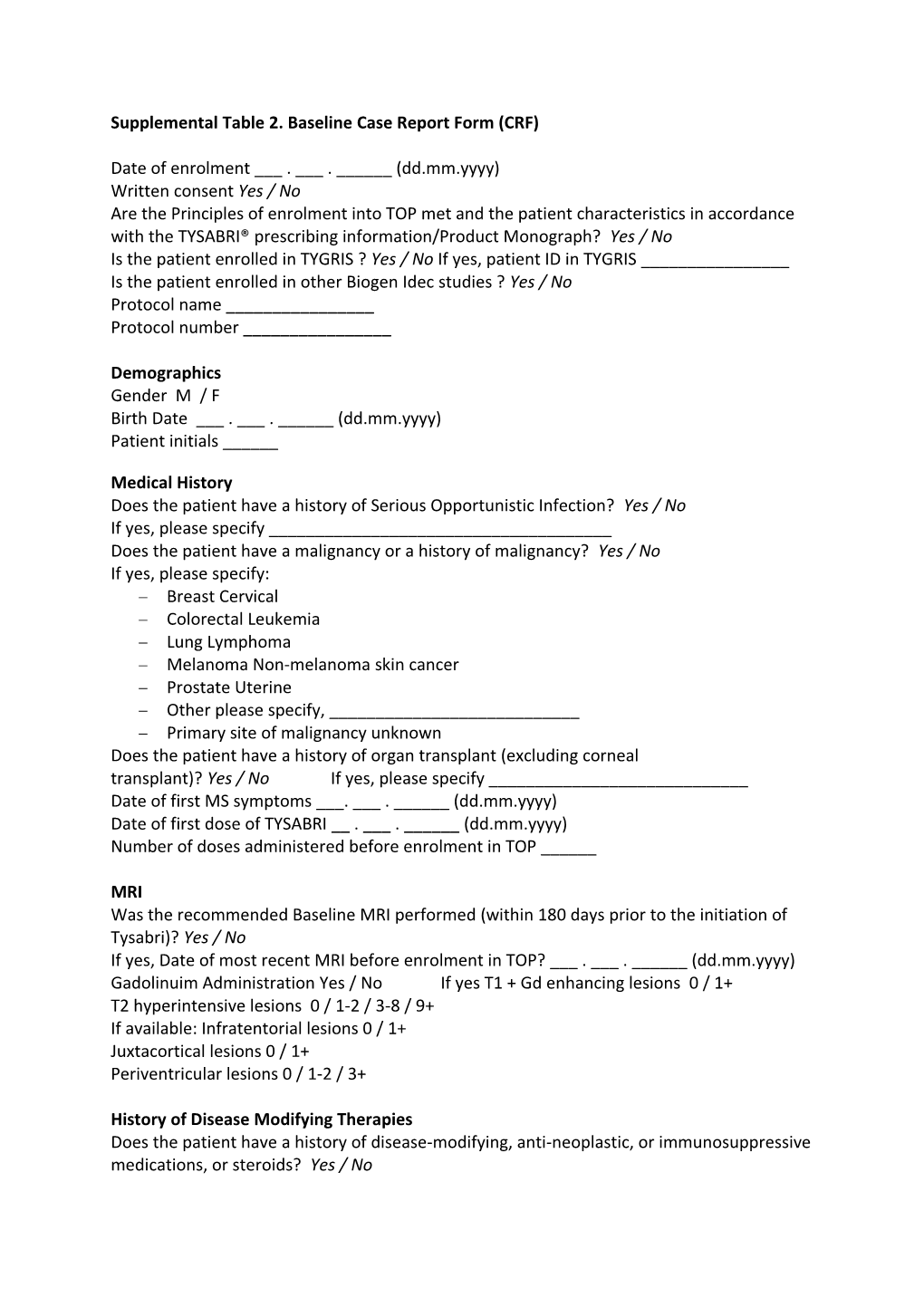 Supplemental Table 2.Baseline Case Report Form (CRF)