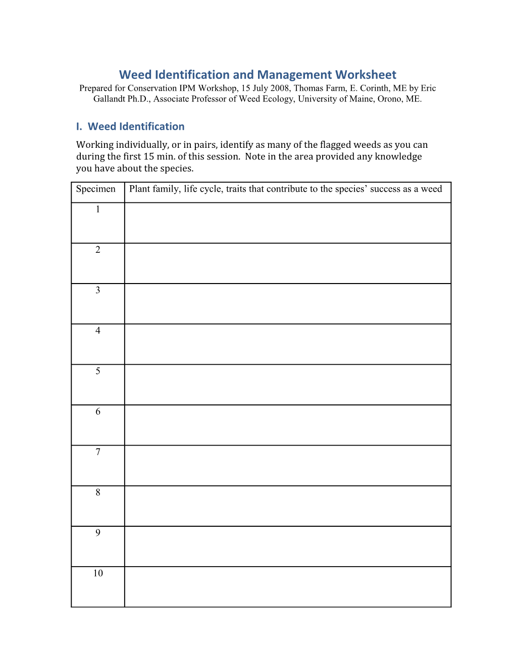 Weed Identification and Management Worksheet