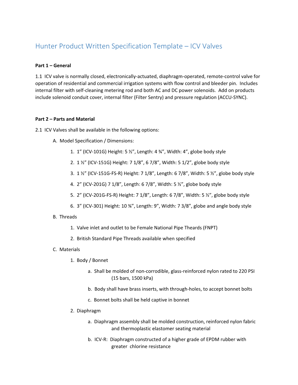 Hunter Product Written Specification Template ICV Valves