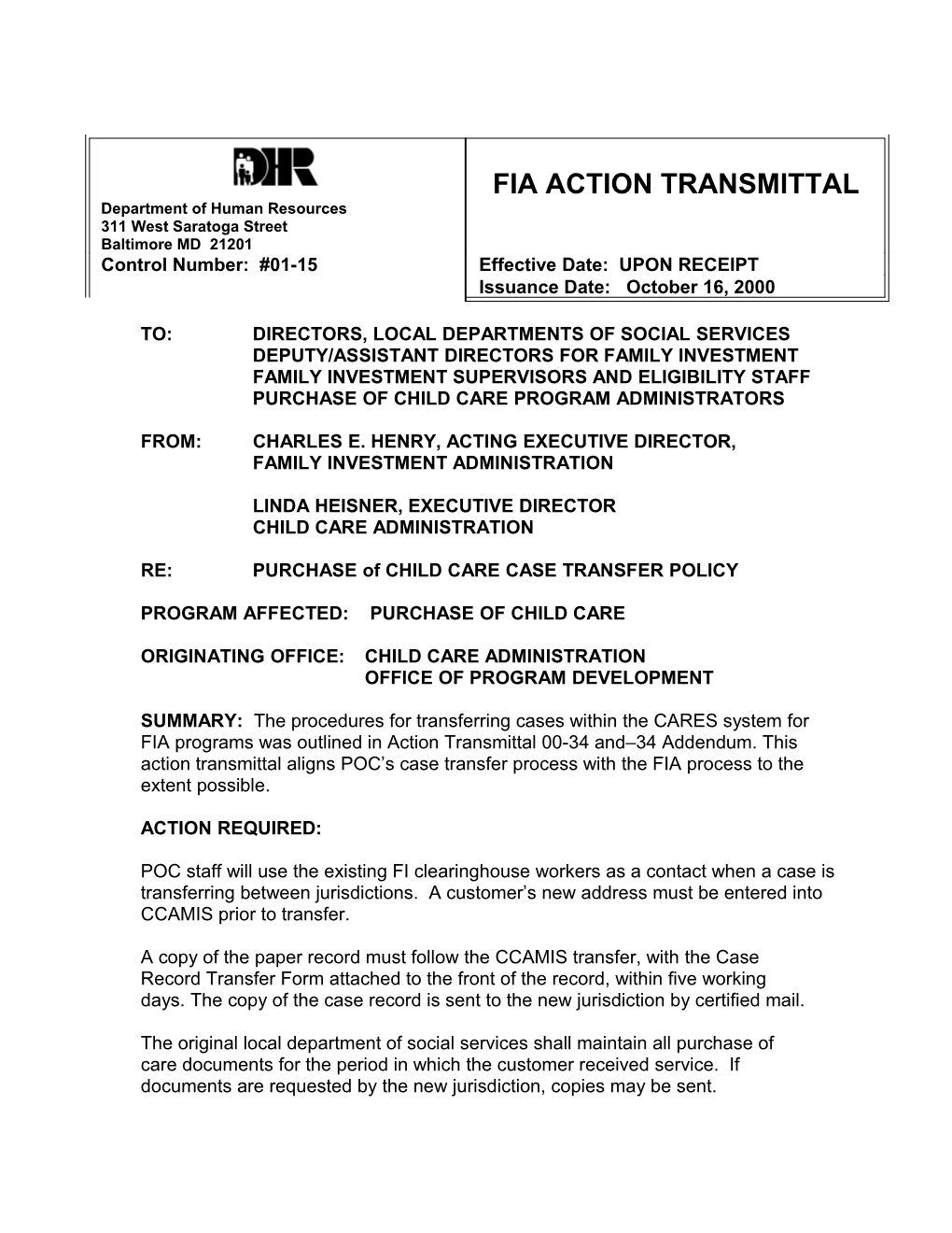Fia Proposed Action Transmittal