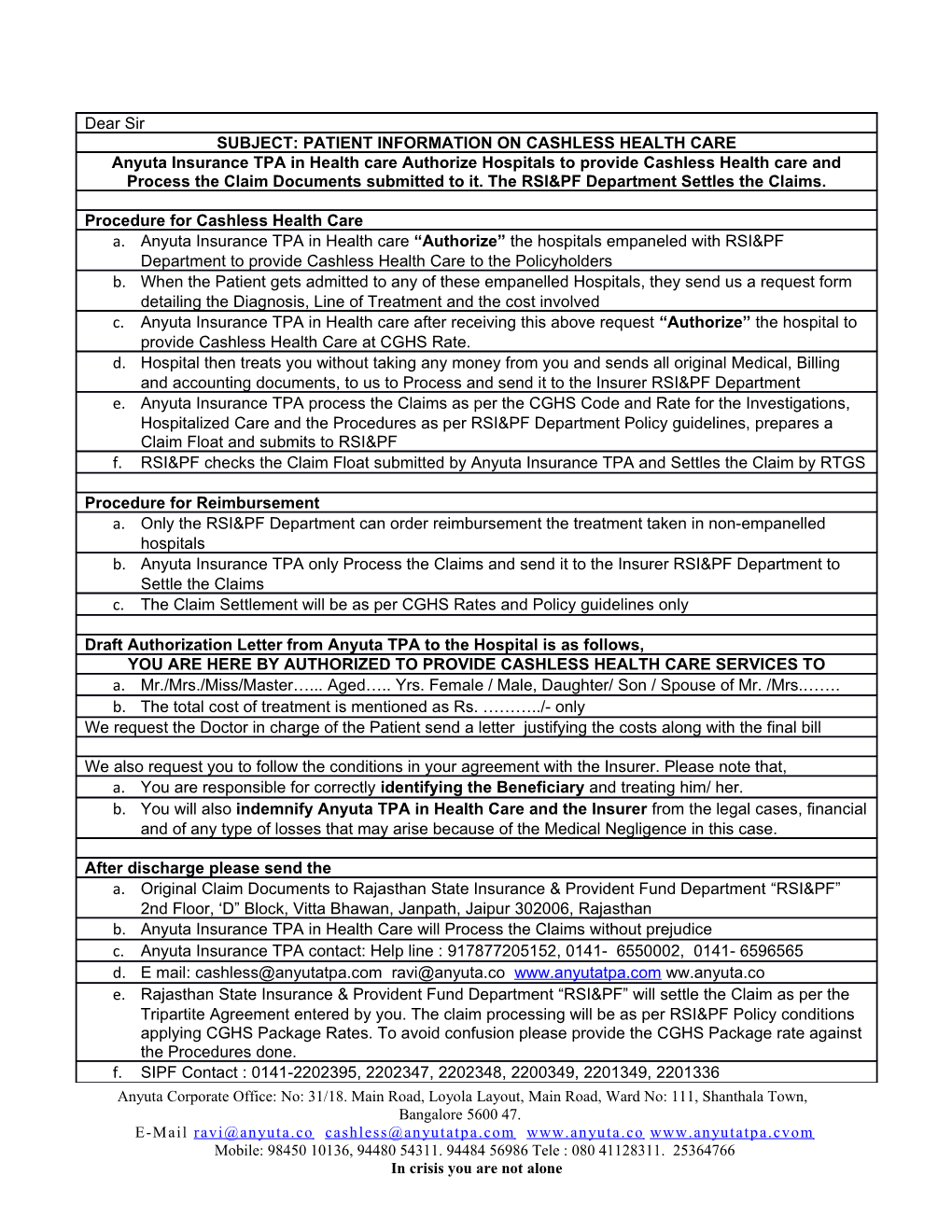 Anyuta Insurance TPA in Health Care Authorize the Hospitals Empaneled with RSI&PF Department