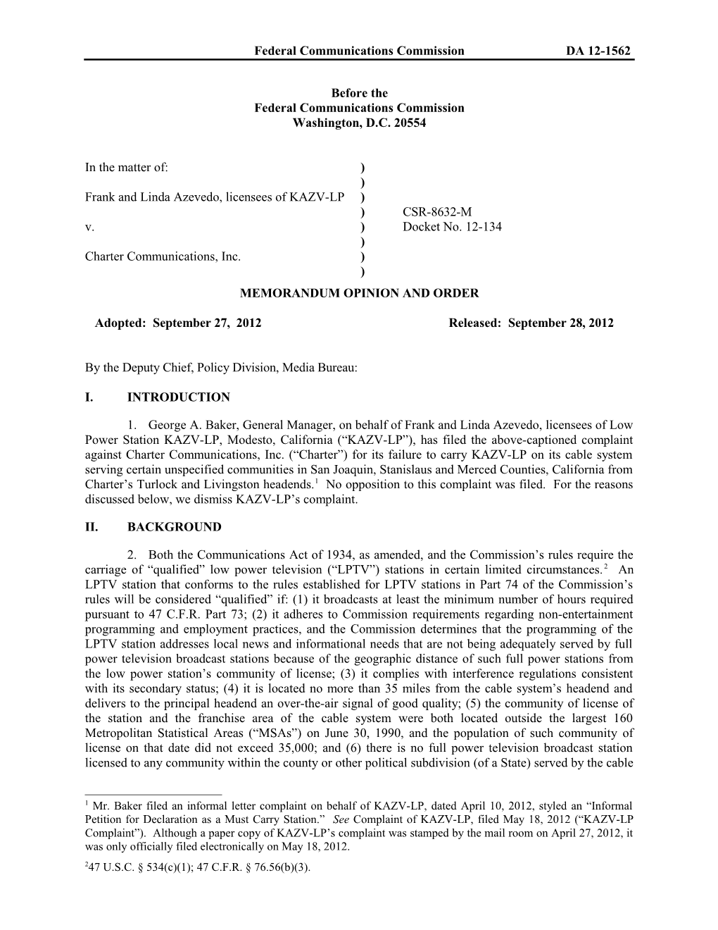 Federal Communications Commission DA 12-1562