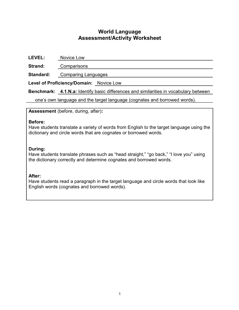 Assessment/Activity Worksheet