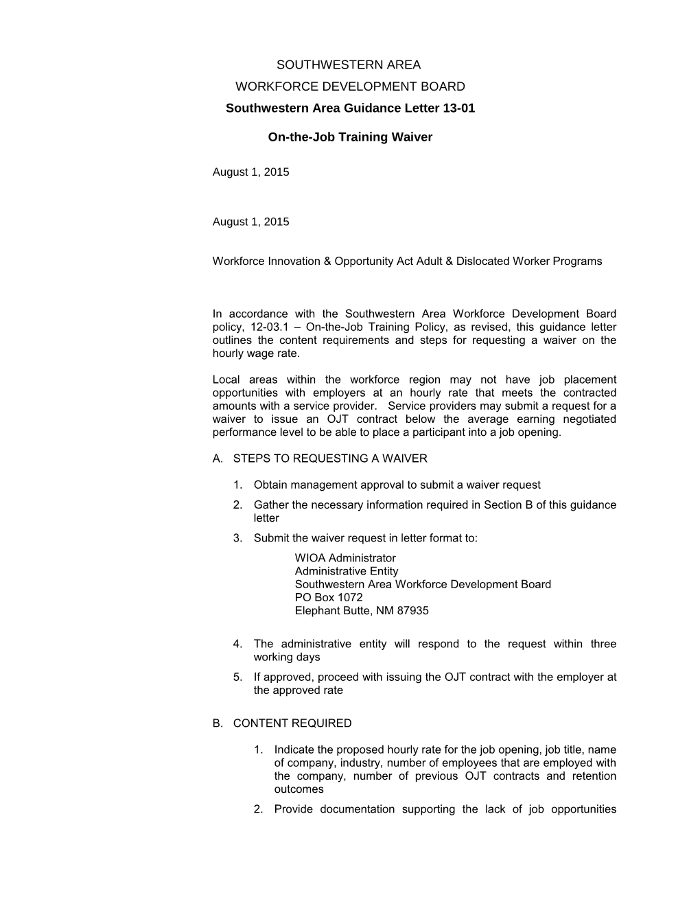 Southwestern Area Guidance Letter 06-002