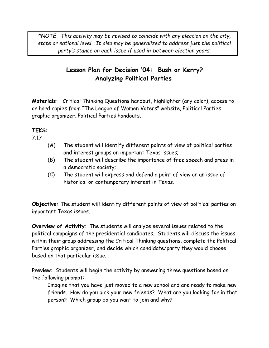 Lesson Plan for Decision 04: Bush Or Kerry?