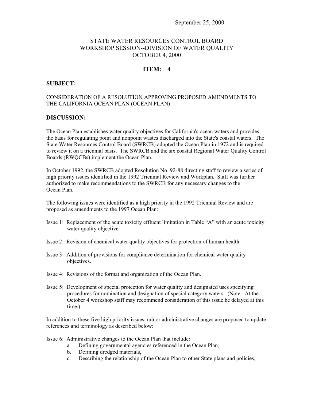 Amendments to the 1997 Ocean Plan