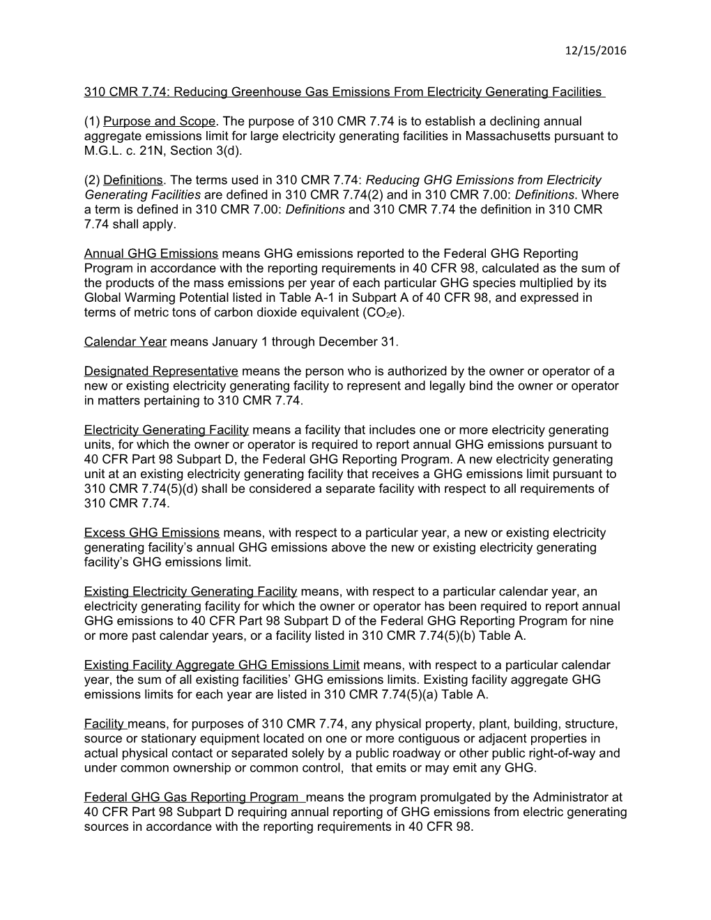 310 CMR 7.74: Reducing Greenhouse Gas Emissions from Electricity Generating Facilities