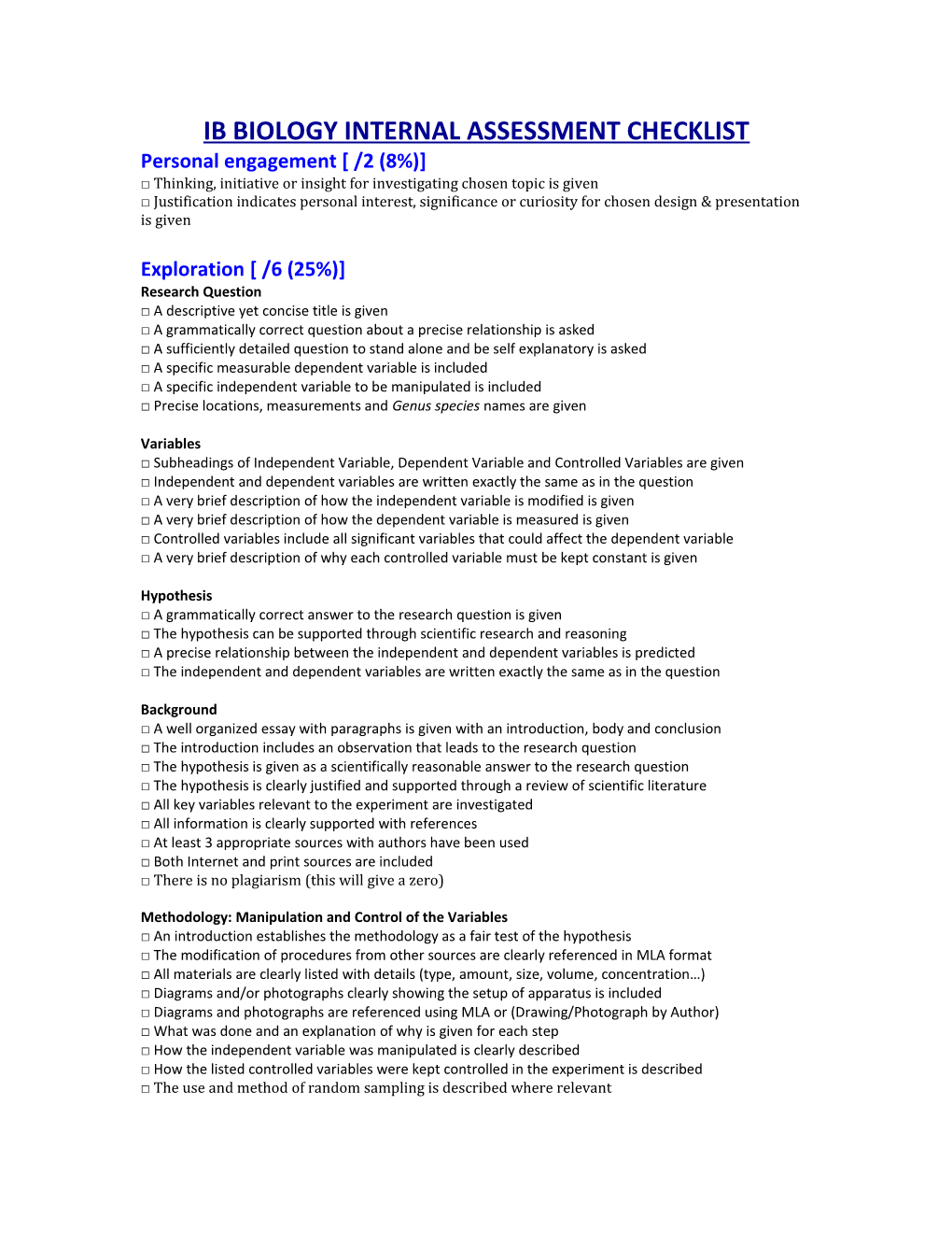 Ib Biology Internal Assessment Checklist