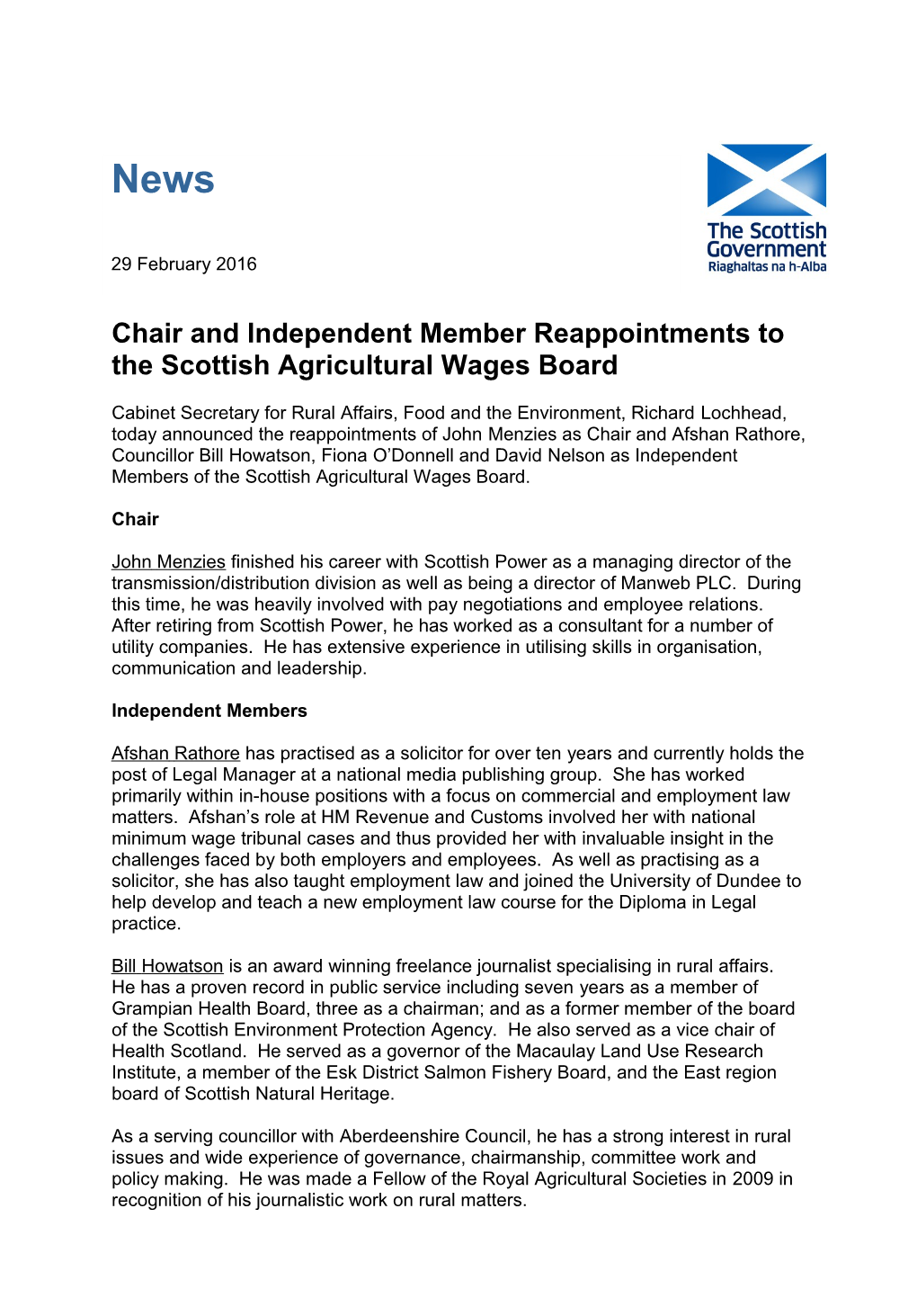 Chair and Independent Member Reappointments to the Scottish Agricultural Wages Board