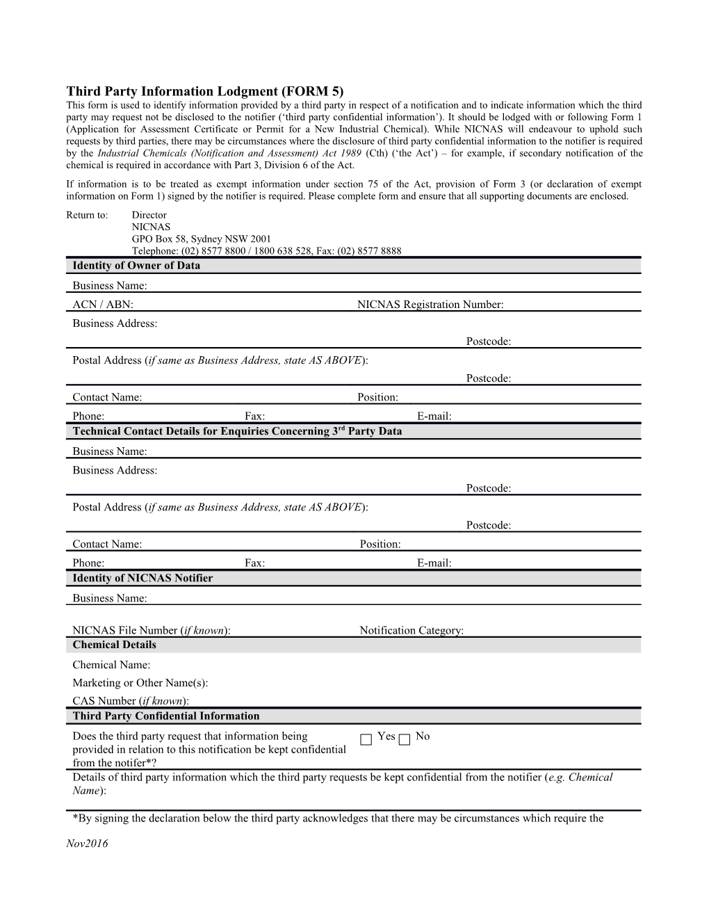 Third Party Information Lodgment (FORM 5)