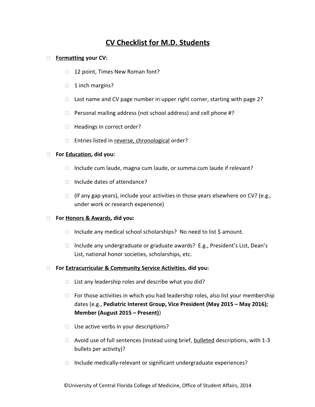 CV Checklist for M.D. Students