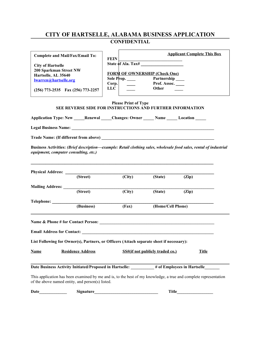 City of Hartselle, Alabama Business Application