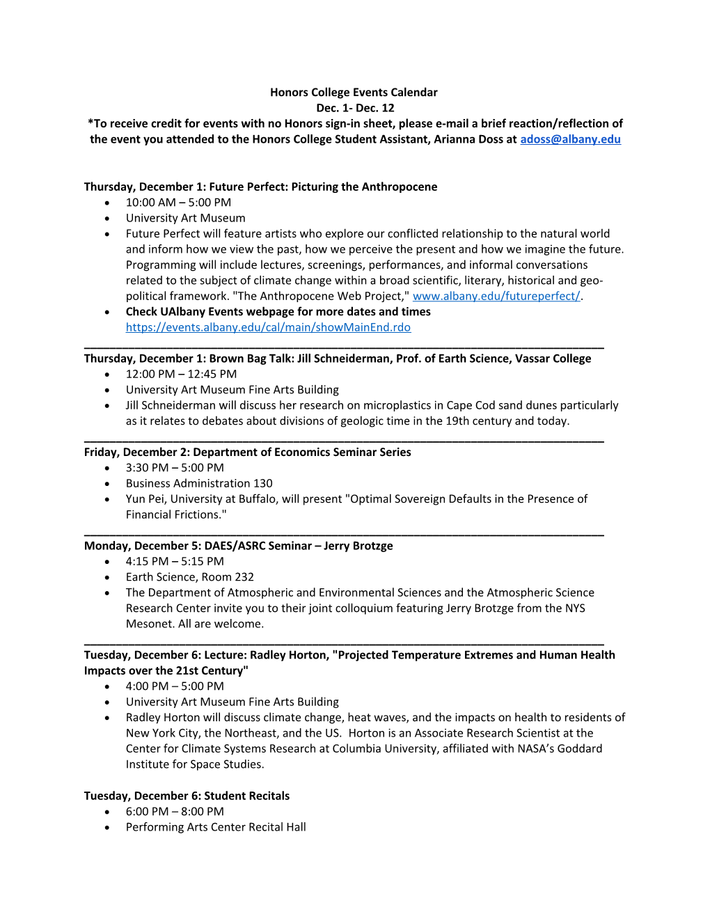 Honors College Events Calendar