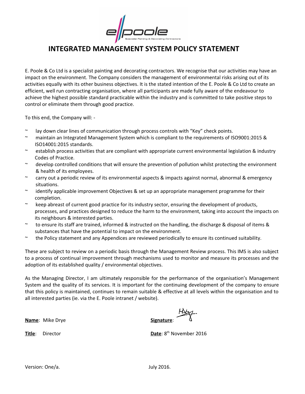 Integrated Management System Policy Statement