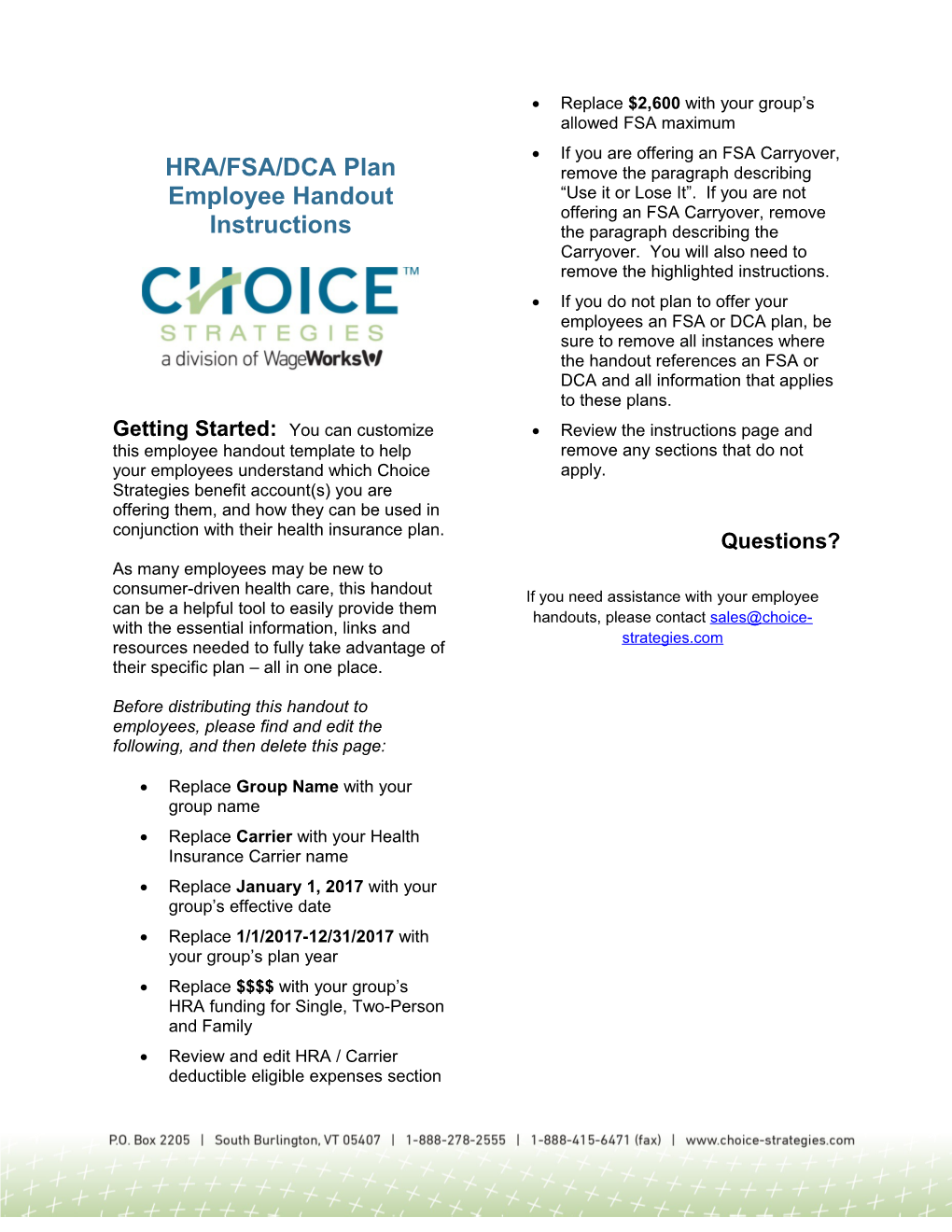 HRA/FSA/DCA Planemployee Handout Instructions