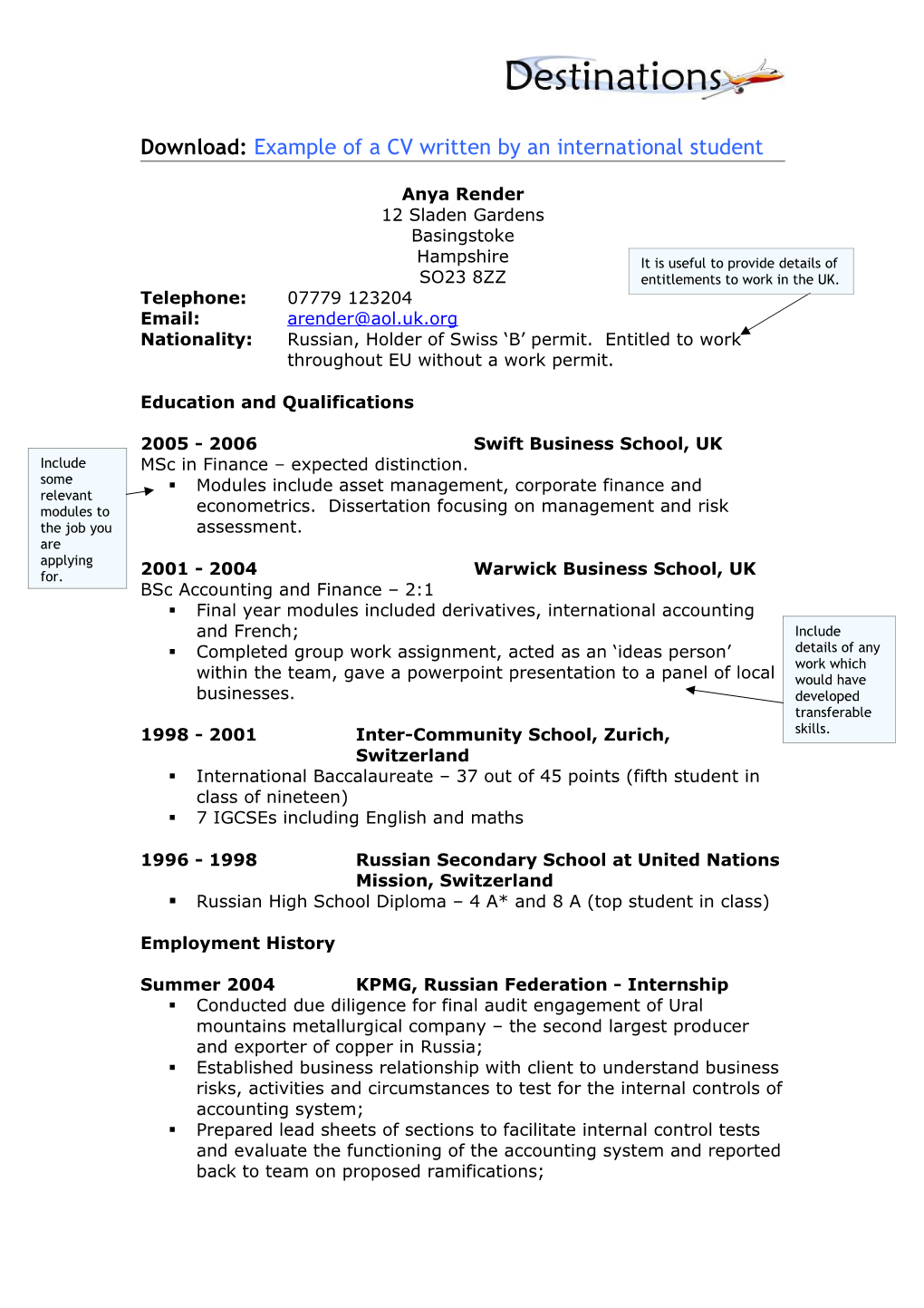 Example of a CV Written by an International Student