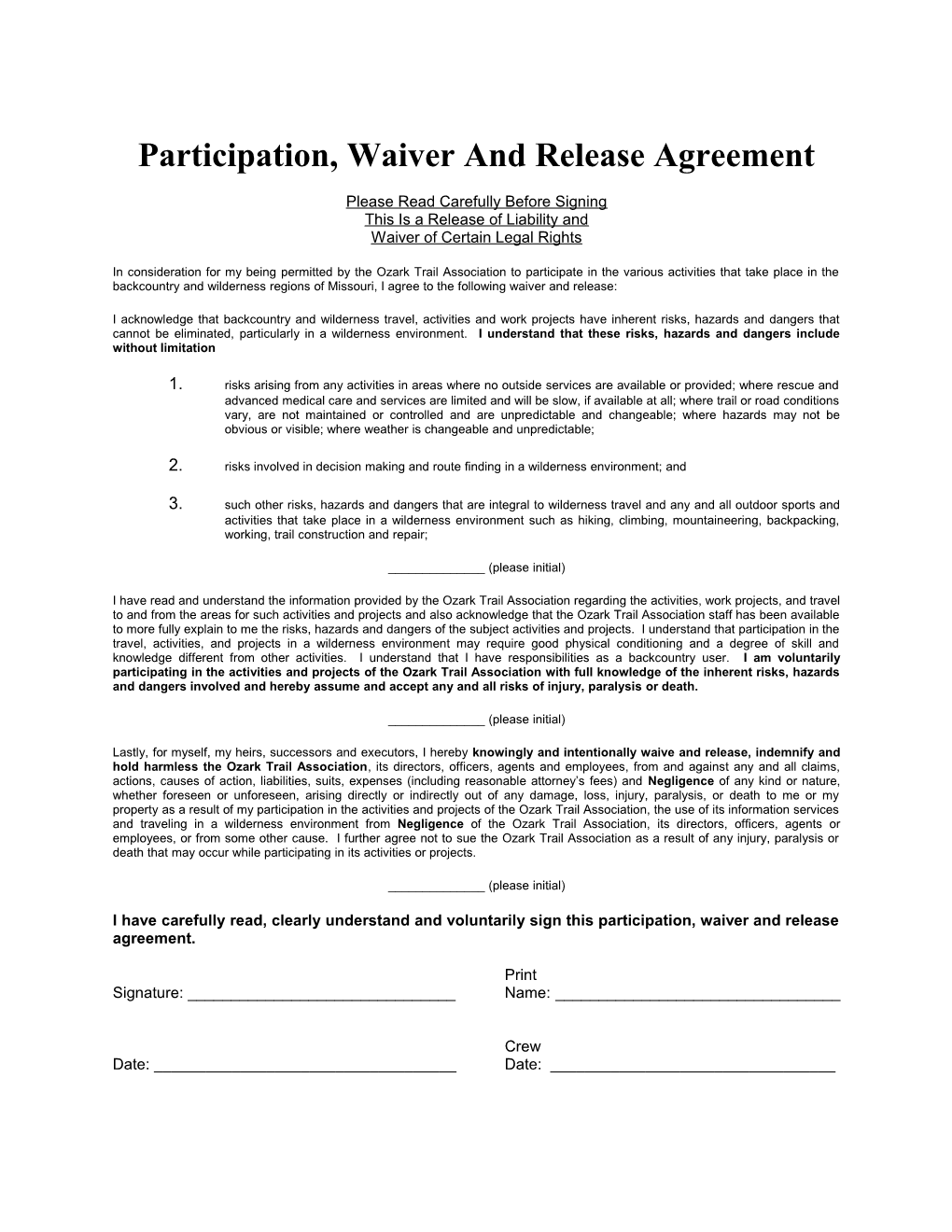 Ozark Trail Participation, Waiver & Release Agreement (T: Jsharp S0941765;1)