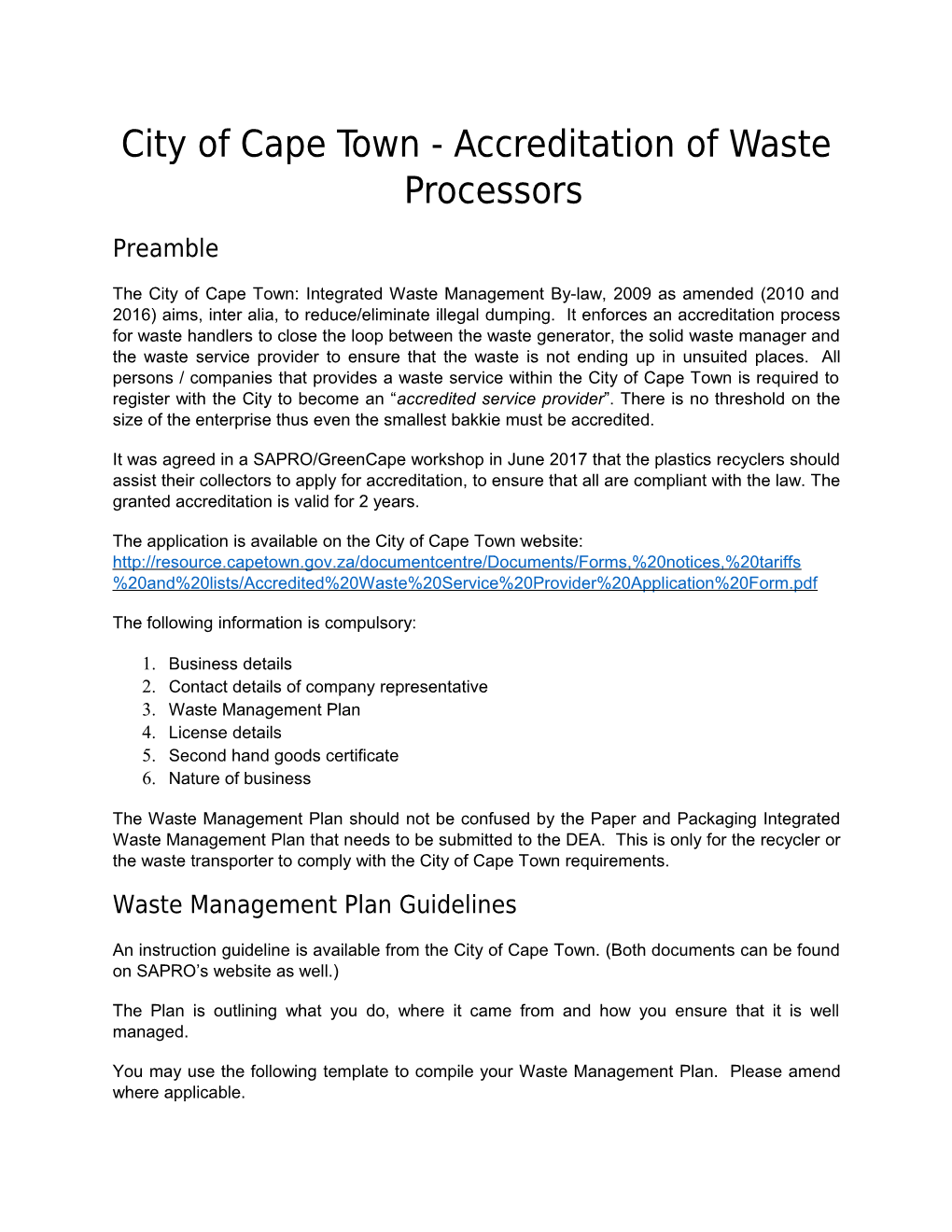 City of Cape Town - Accreditation of Waste Processors