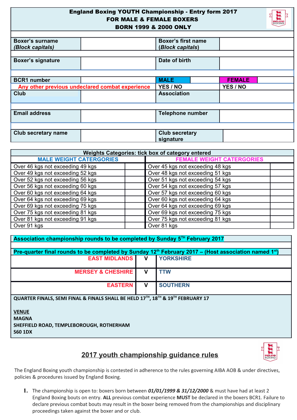 England Boxing YOUTH Championship -Entry Form 2017