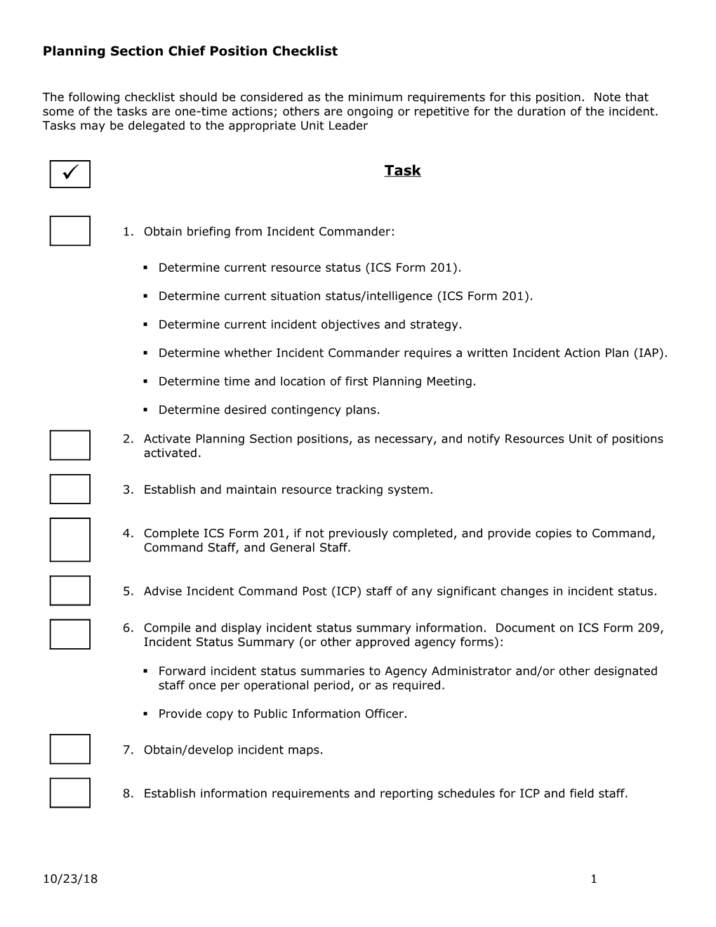 Planning Section Chief Position Checklist