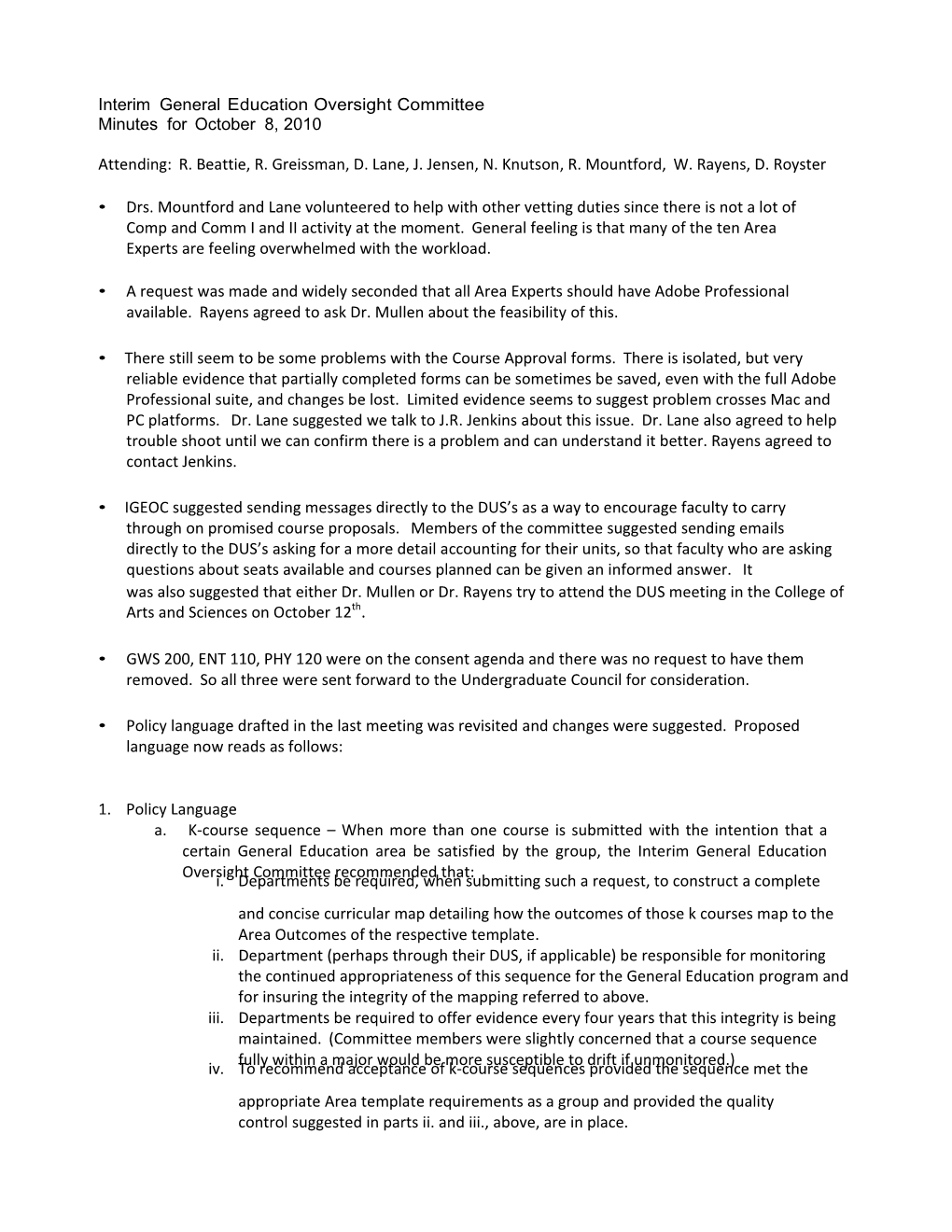 Interim General Education Oversight Committee Minutes from October 8Th Meeting