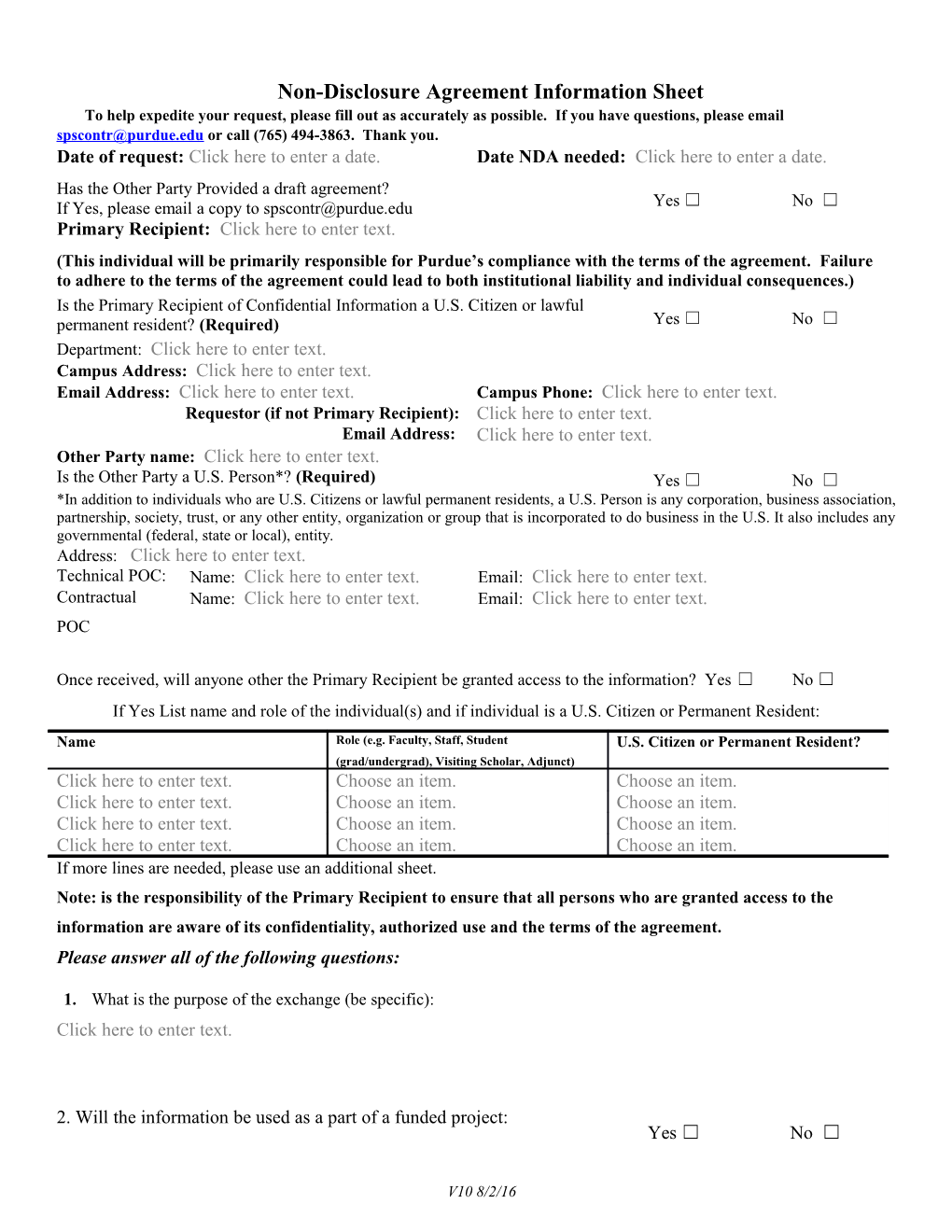 Non-Disclosure Agreement Information Sheet
