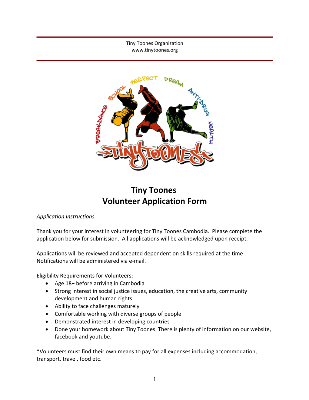 Tiny Toones Summer 2009 Volunteer Application