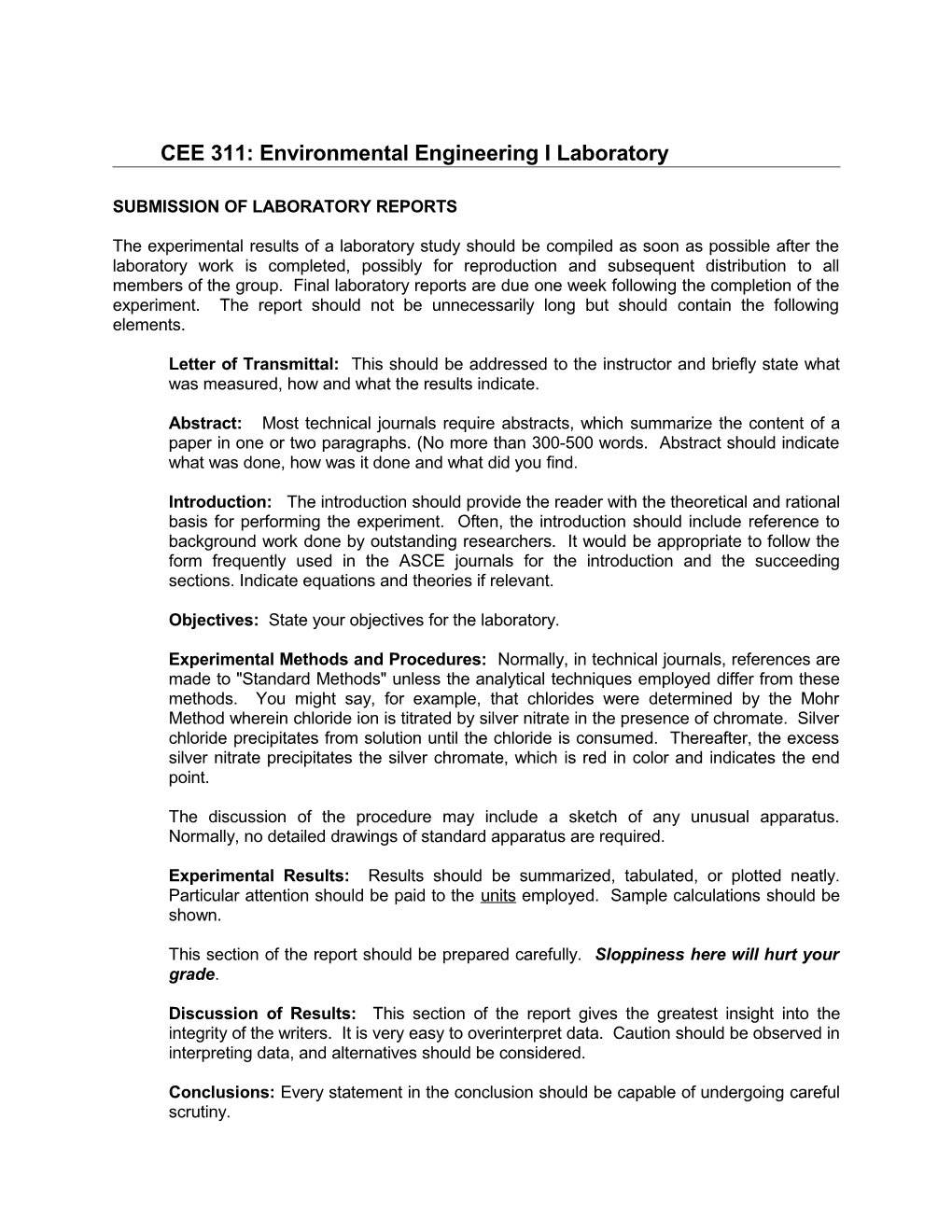 CEE 311: Environmental Engineering I Laboratory