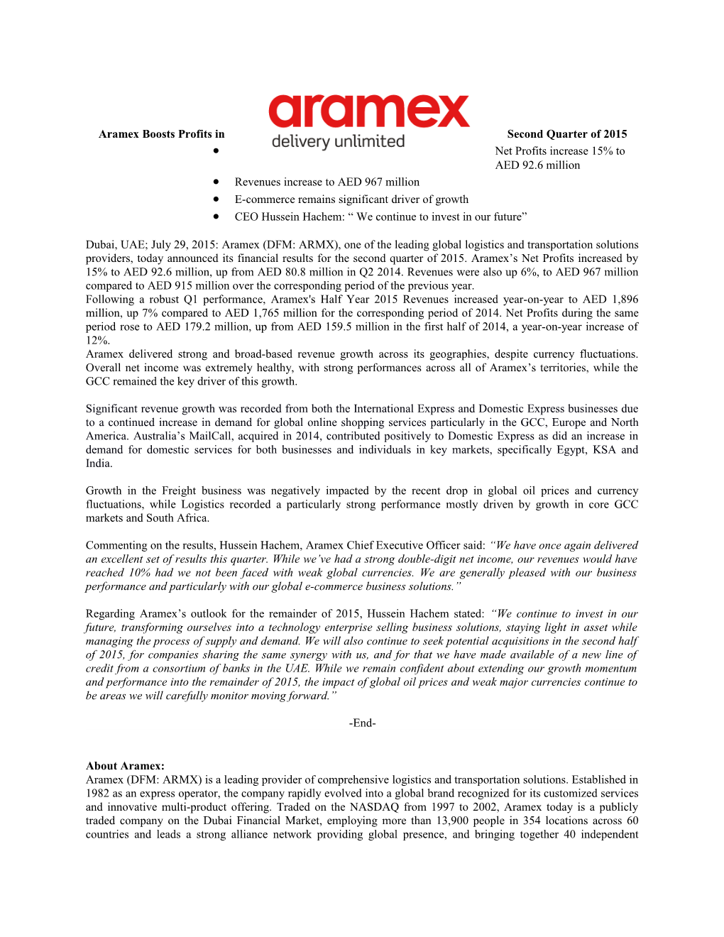 Aramexboostsprofits in Second Quarter of 2015