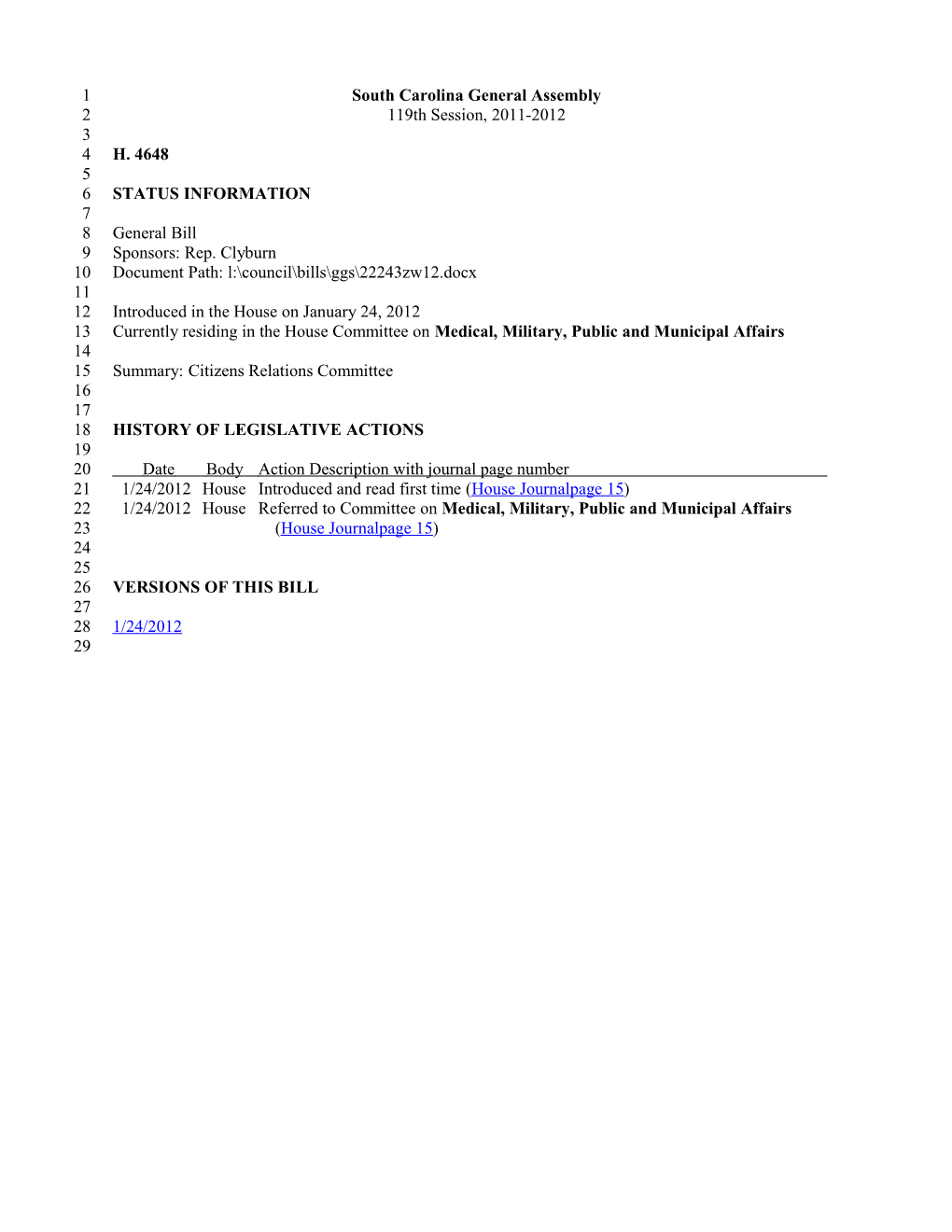 2011-2012 Bill 4648: Citizens Relations Committee - South Carolina Legislature Online