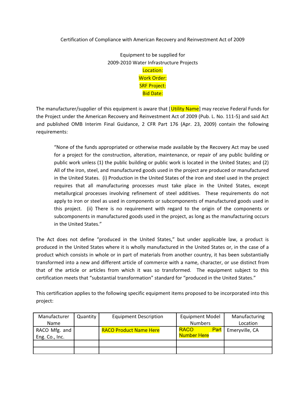 Certification of Compliance with American Recovery and Reinvestment Act of 2009