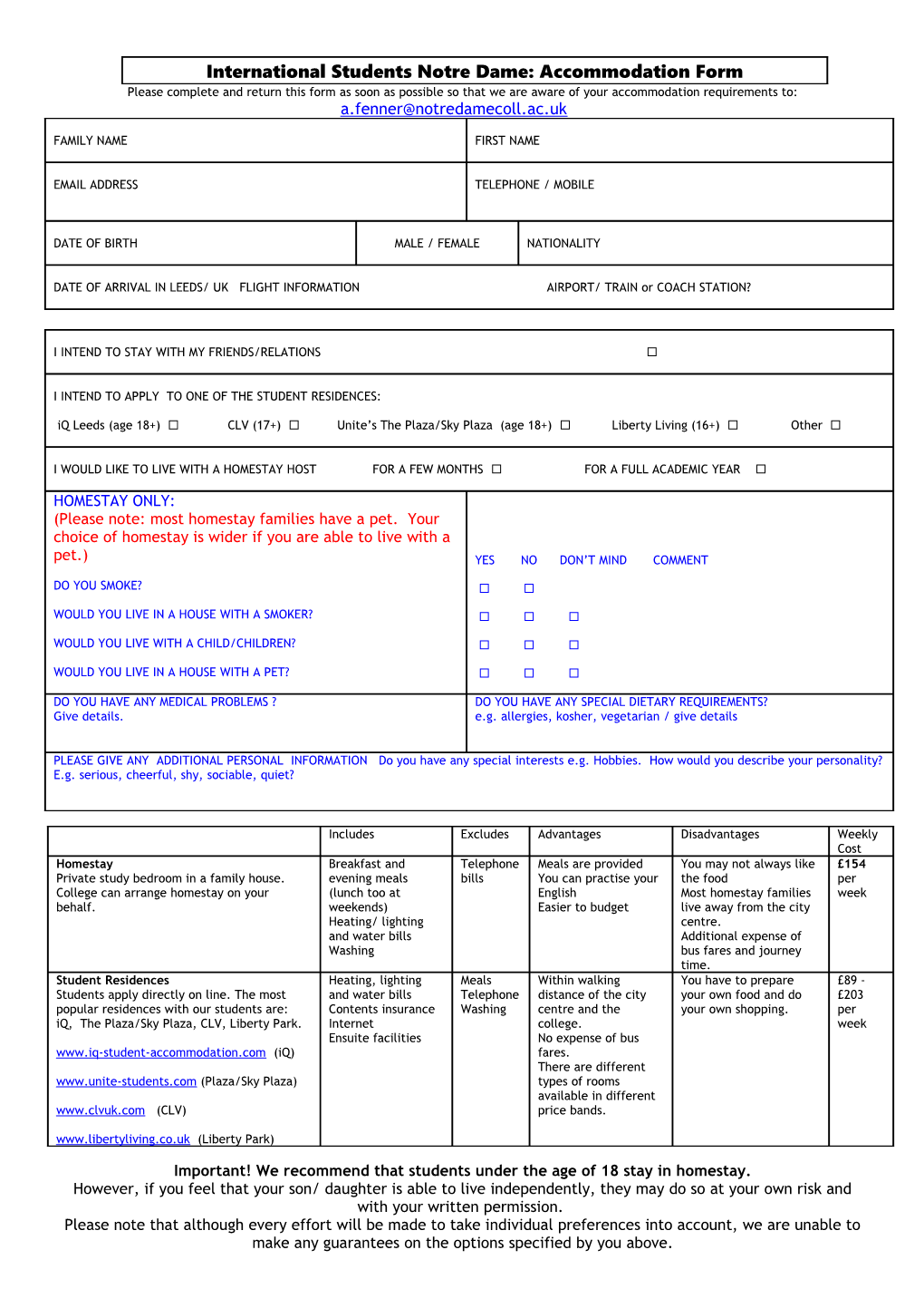 International Students Notre Dame: Accommodation Declaration