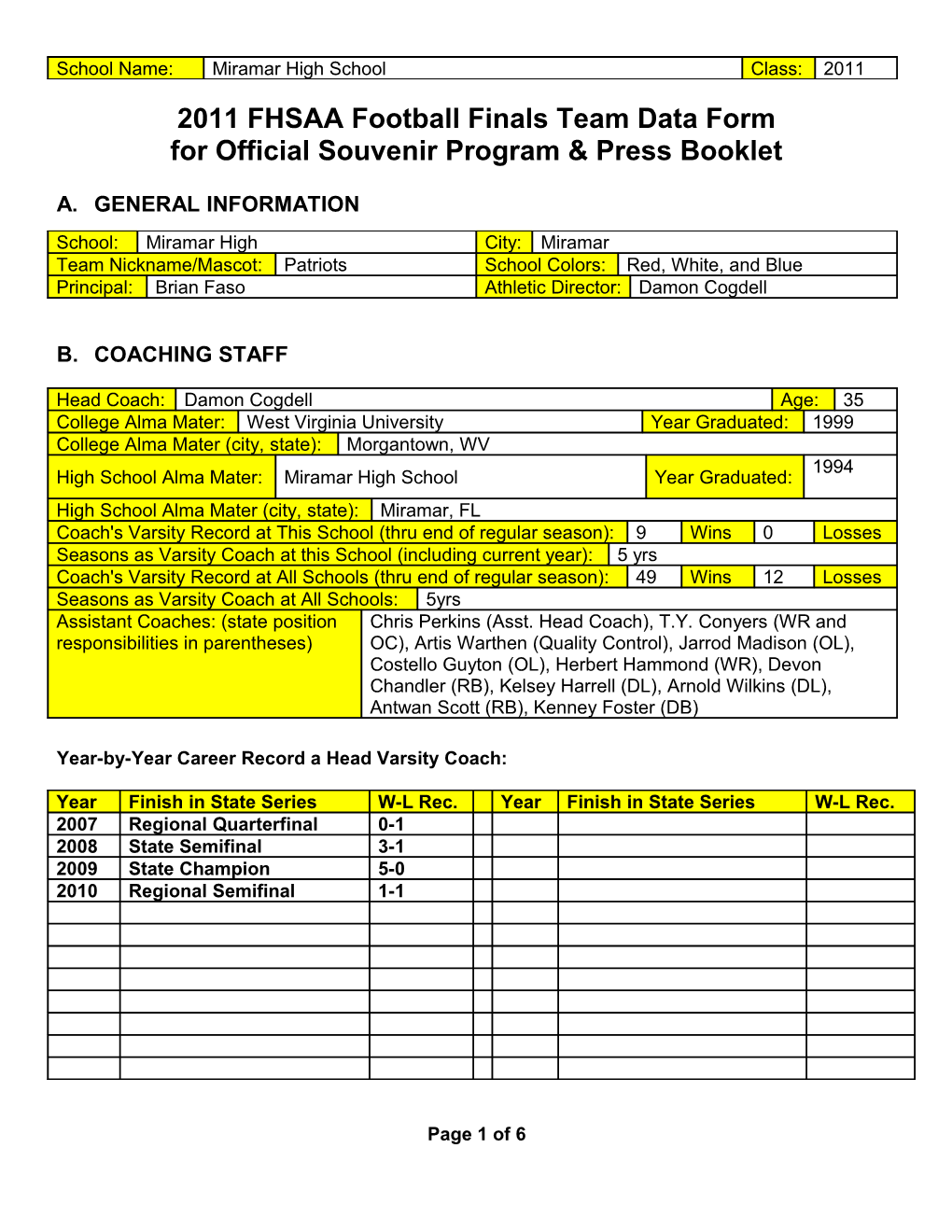 2011 FHSAA Football Finals Team Data Form