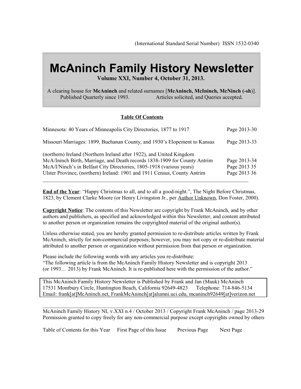 Mcaninch Family History Newsletter