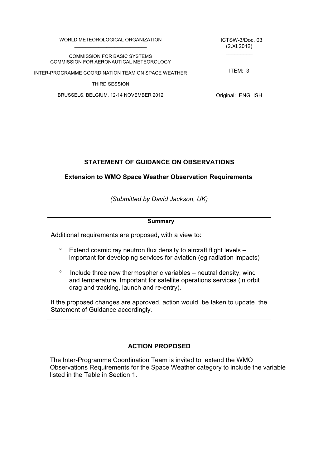 Extension to WMO Space Weather Observation Requirements
