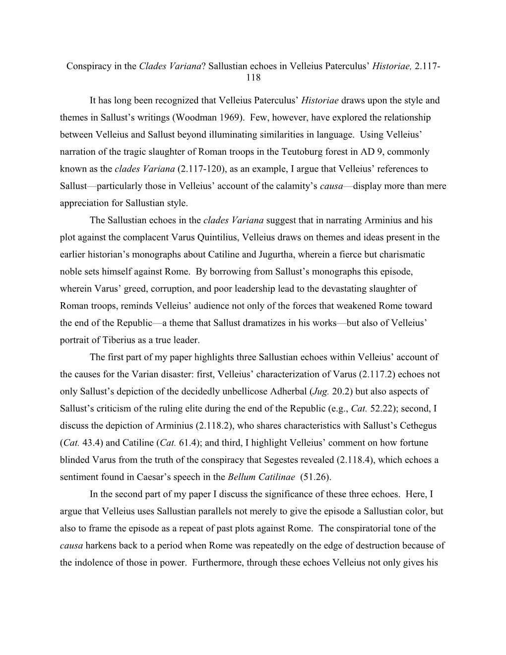 Conspiracy in the Clades Variana?Sallustian Echoes in Velleiuspaterculus Historiae, 2.117-118