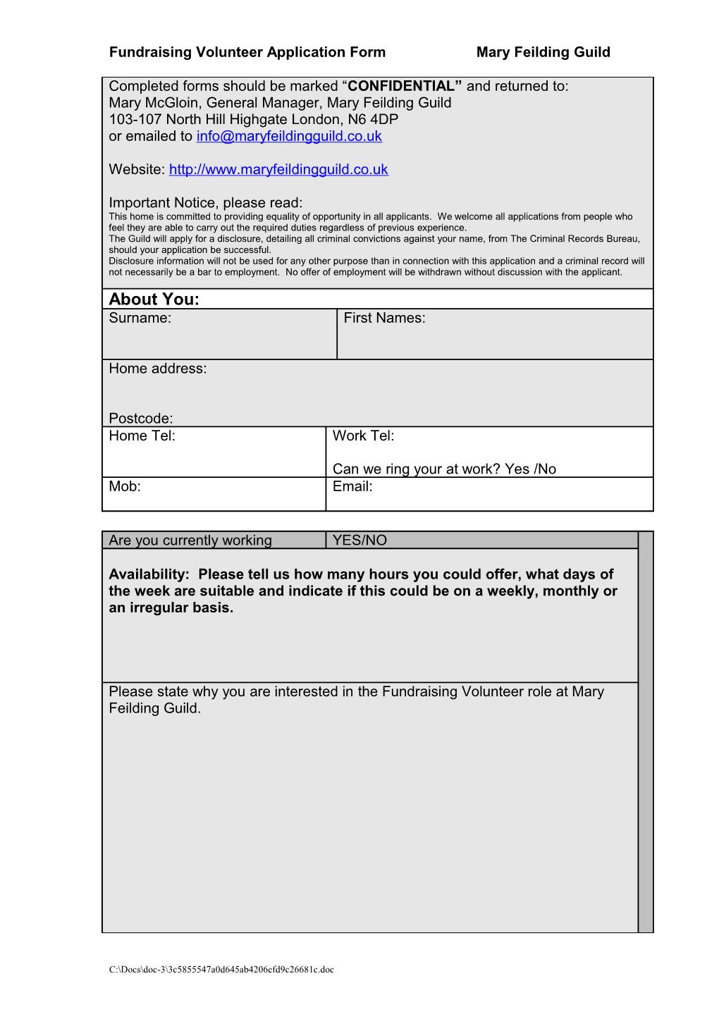 Fundraising Volunteer Application Form Mary Feilding Guild