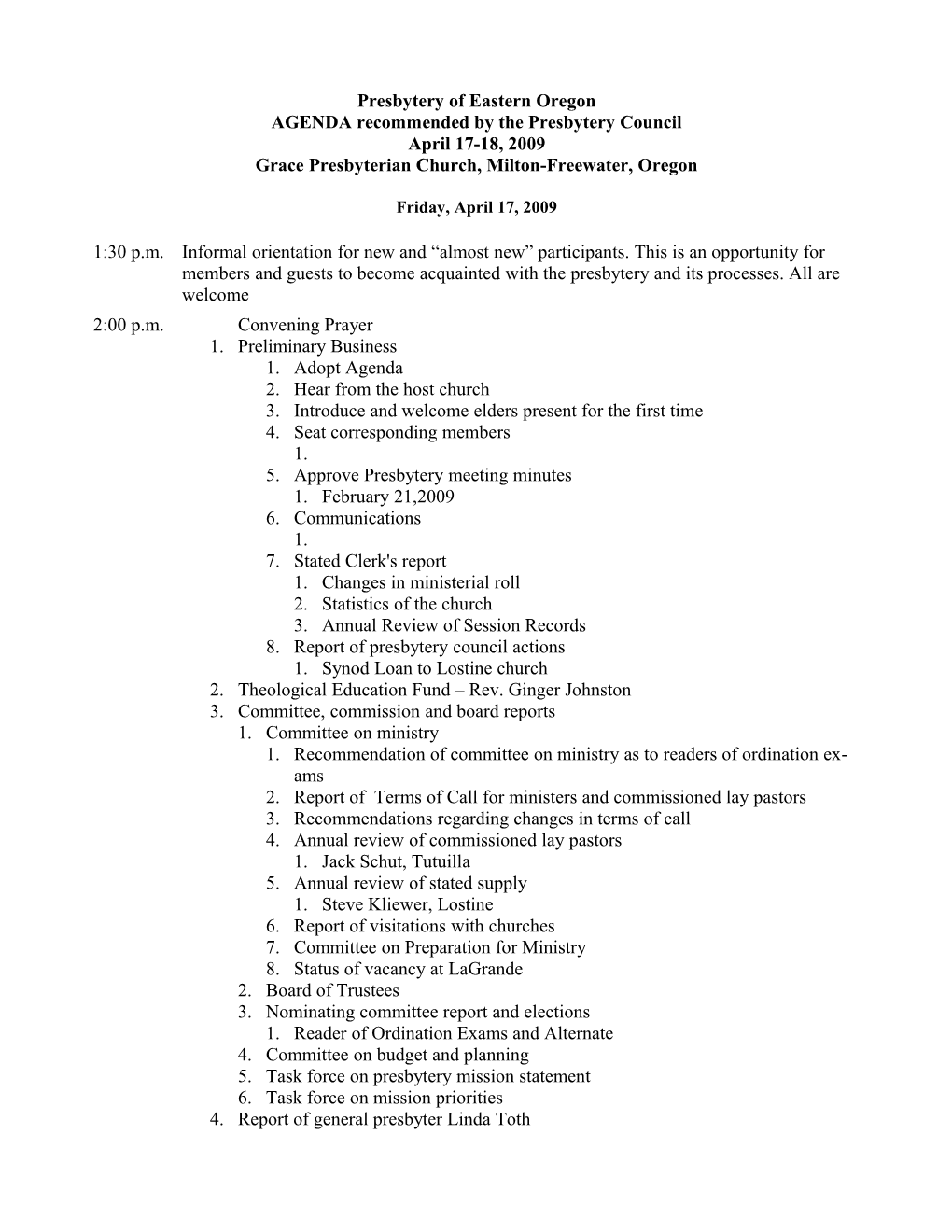 AGENDA Recommended by the Presbytery Council