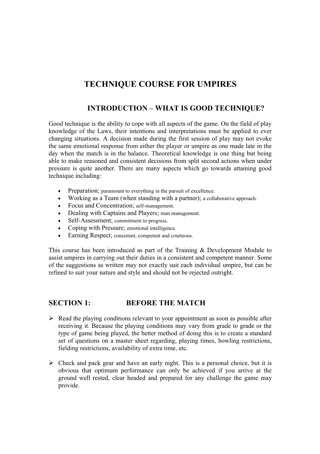 Technique Course for Umpires