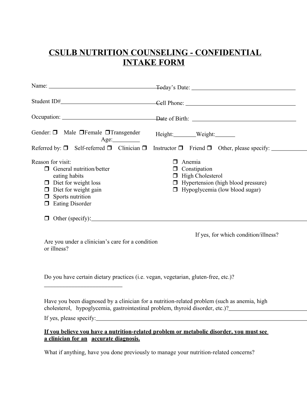 Csulb Nutrition Counseling - Confidential Intake Form