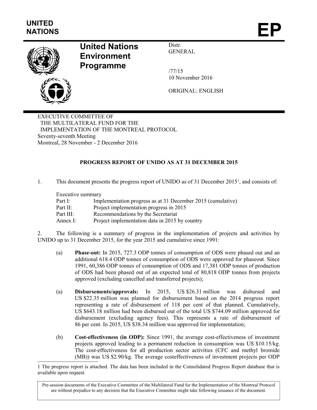 Progress Report of UNIDO As at 31 December 2015 (Part 1)