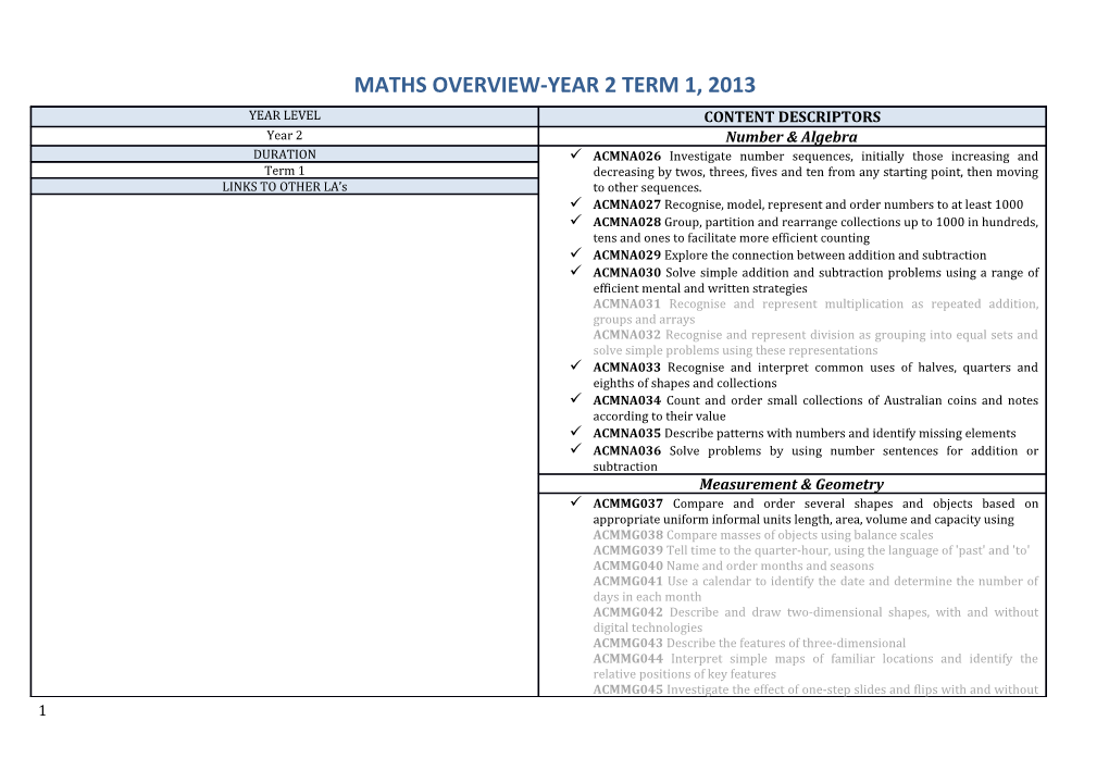 Maths Overview-Year 2 Term 1, 2013