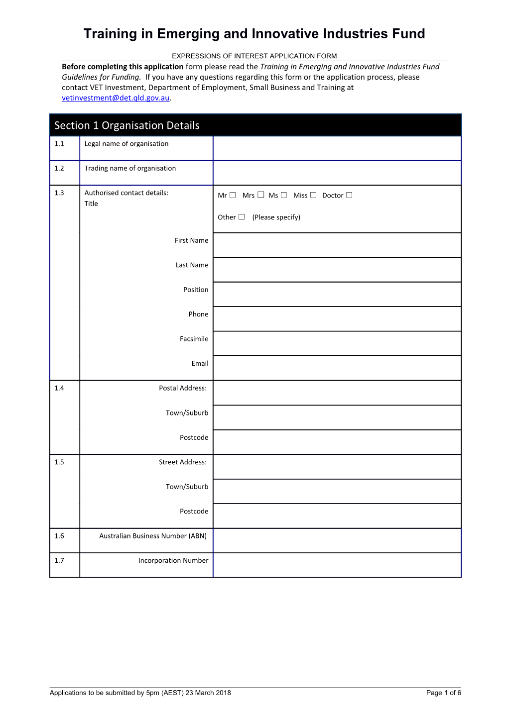 Training in Emerging and Innovative Industries Fund Application