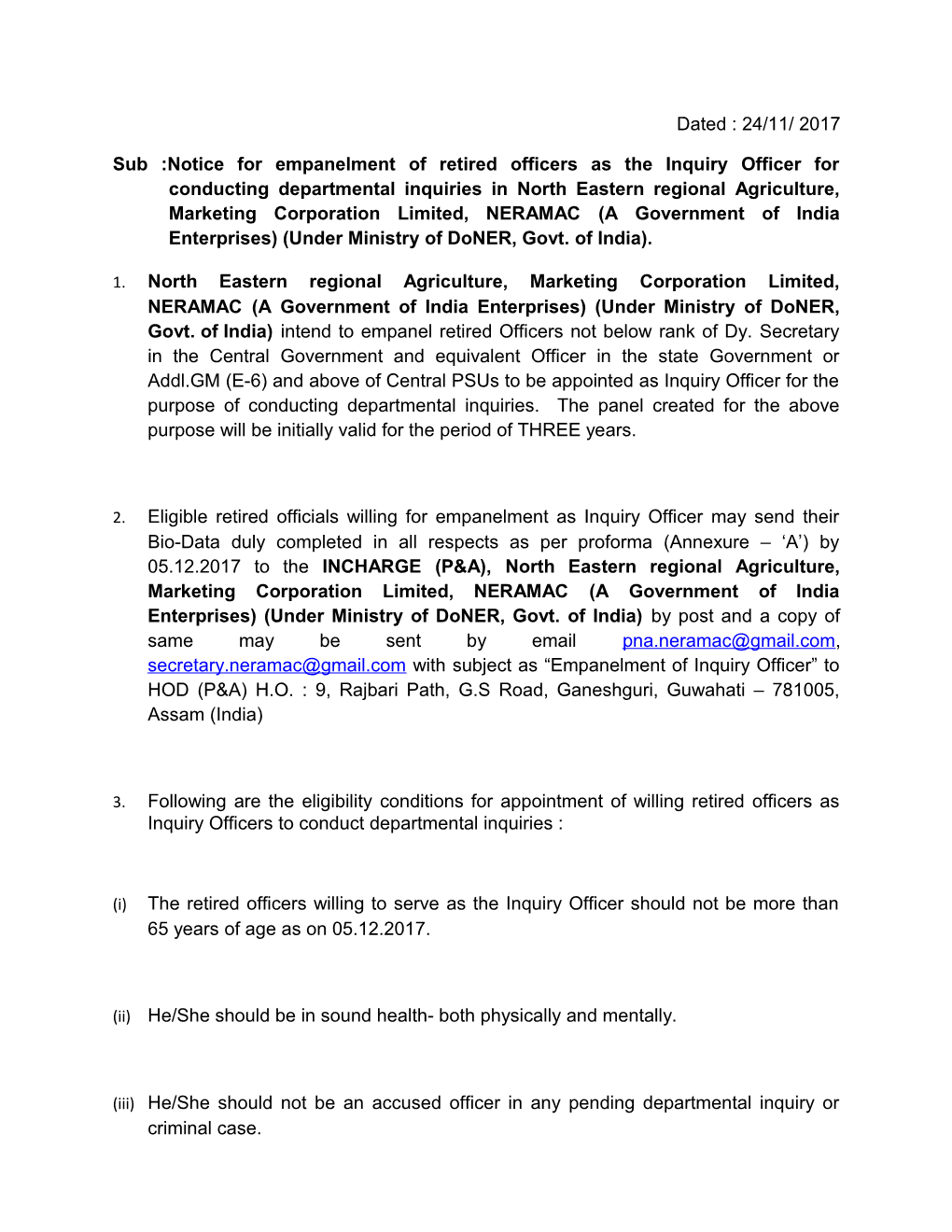 Sub :Notice for Empanelment of Retired Officers As the Inquiry Officer for Conducting