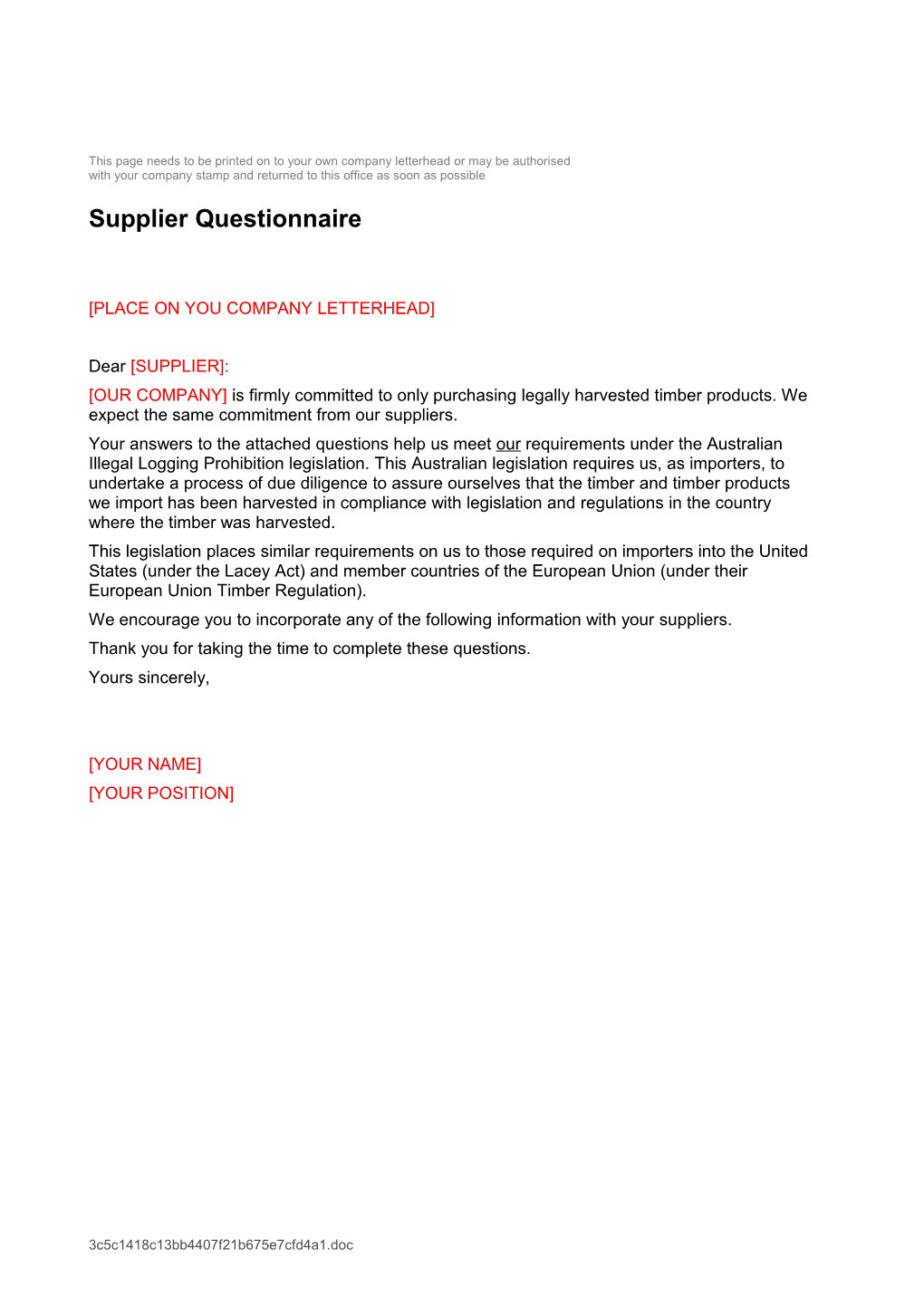 Illegal Logging Supplier Questionnaire