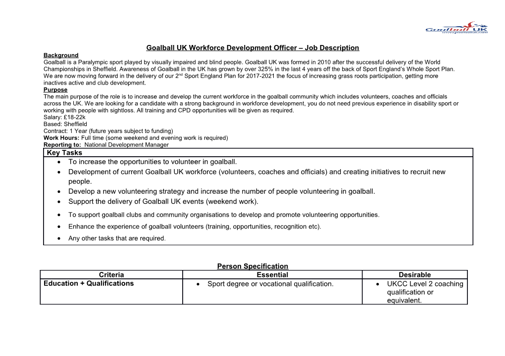 Goalball UK Workforce Development Officer Job Description